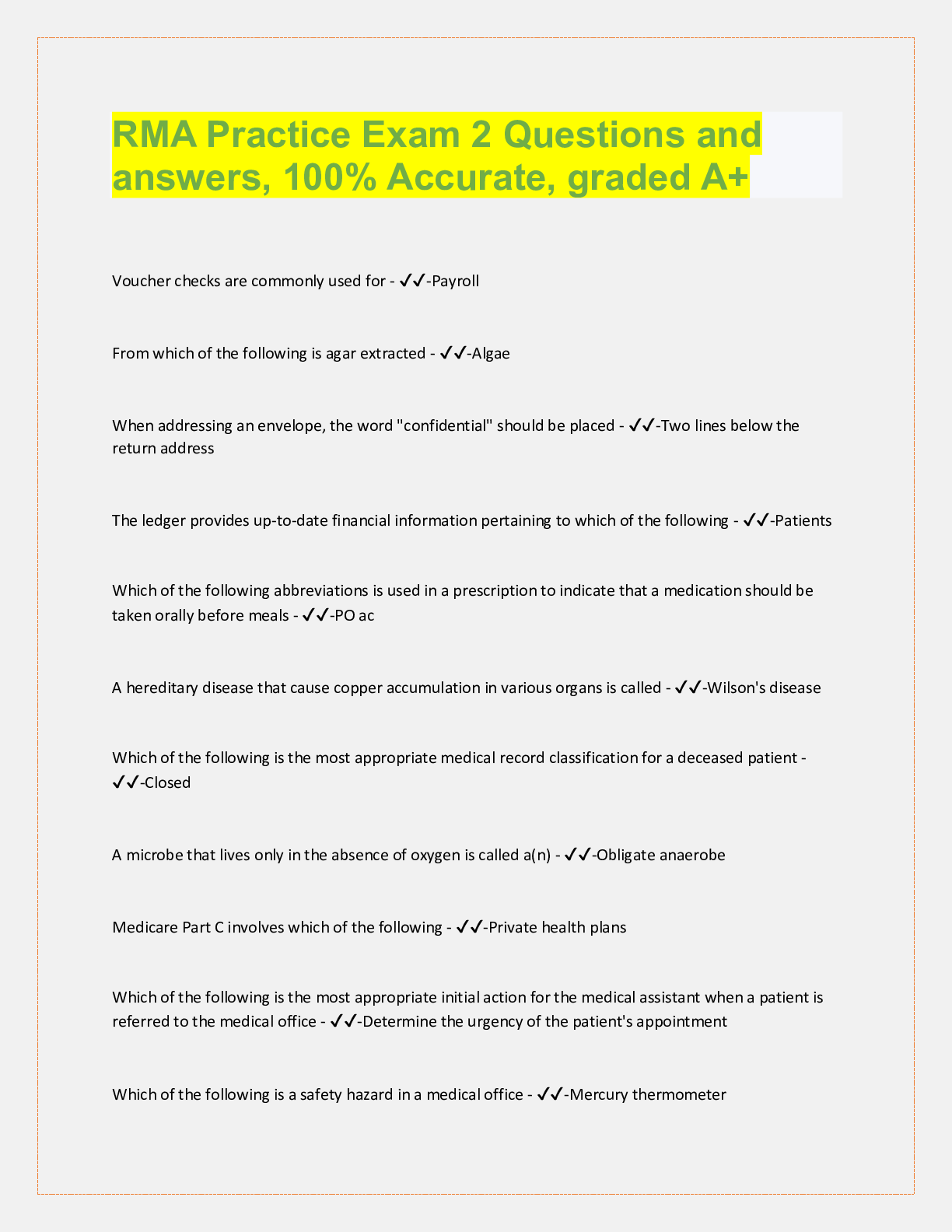Preview image for RMA Practice Exam 2 Questions and  answers, 100% Accurate, graded A+